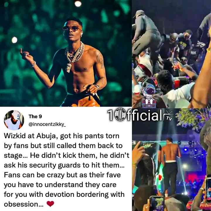 Throwback to when a fan held on to Wizkid's left leg for over 30sec at Wizkid's concert.  The fan tore his trouser in the process.🤗‼️ - MirrorLog