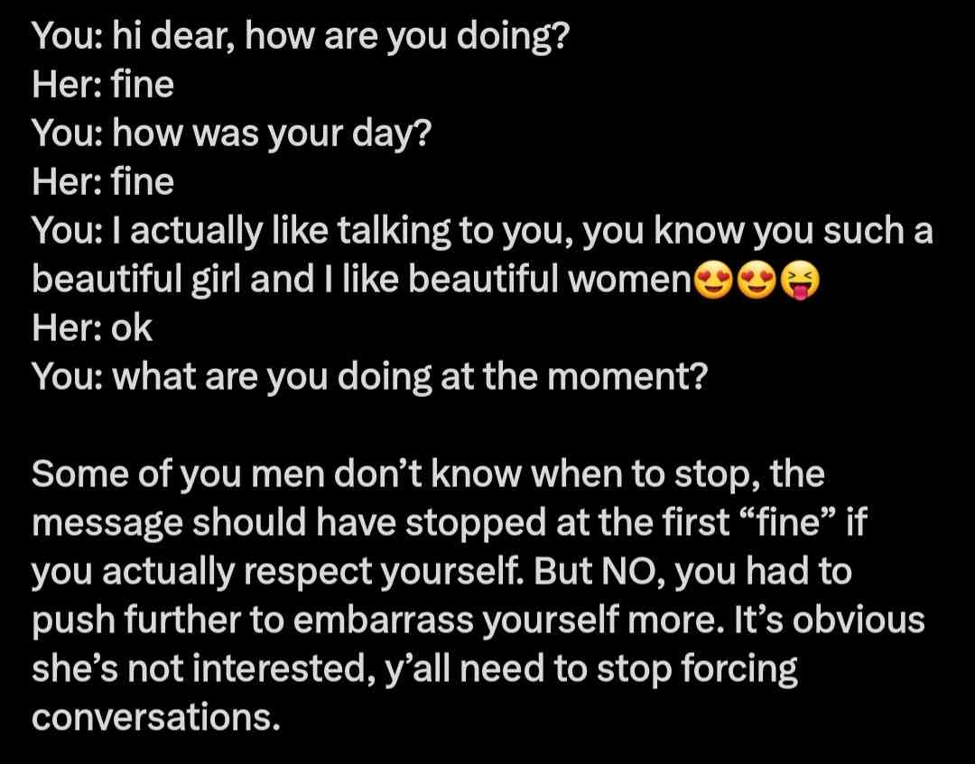 Know when to stop...it applies to both genders though - MirrorLog