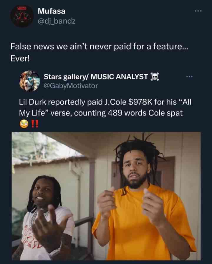 LilDurk’s DJ says they’ve never paid for a feature after rumors online claimed Durk paid JCole $978k for his “All My Life” verse. - MirrorLog