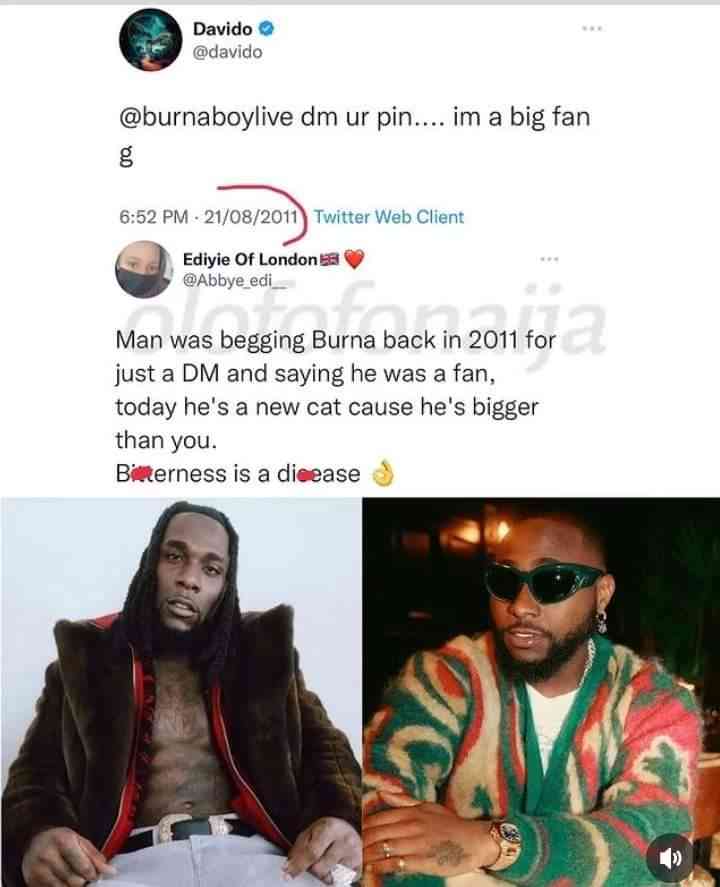 Fan Dig out Davido tweet in 2011 calling  himself  a big fan of Burnaboy - MirrorLog