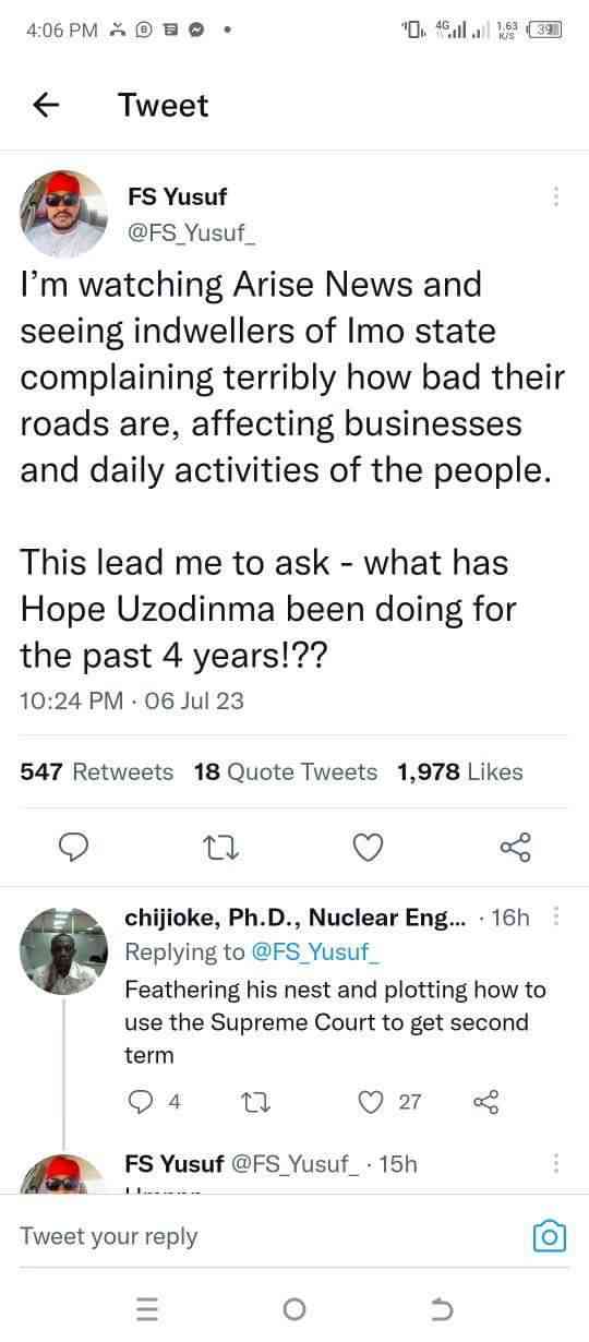 Nigerians on Twitter Attack Imo's Governor over Bad Roads in Imo - MirrorLog