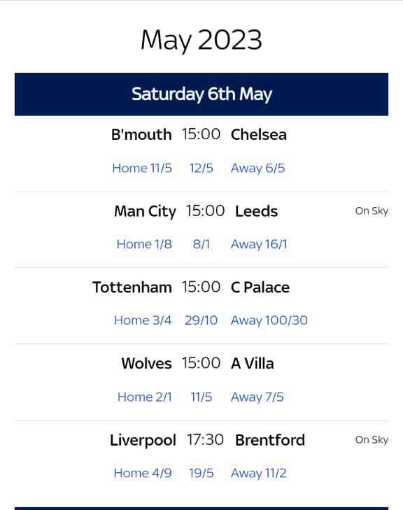 Premier League fixture today 6/5/23 - MirrorLog