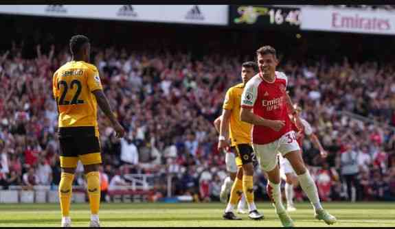 Granit Xhaka celebrates scoring in Arsenal’s 5-0 win over Wolves. - MirrorLog